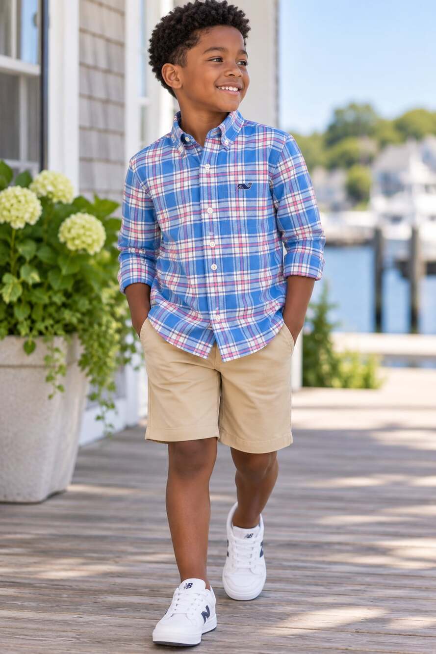 Vineyard Vines Boys Blue Pink White Plaid Whale Shirt Size 5 Long Sleeve Button